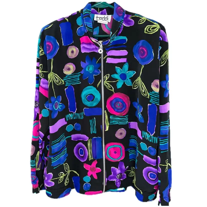 Vintage Floral Geometric Zip Up Fashion Jacket Top Sz Large Art To Wear Colorful