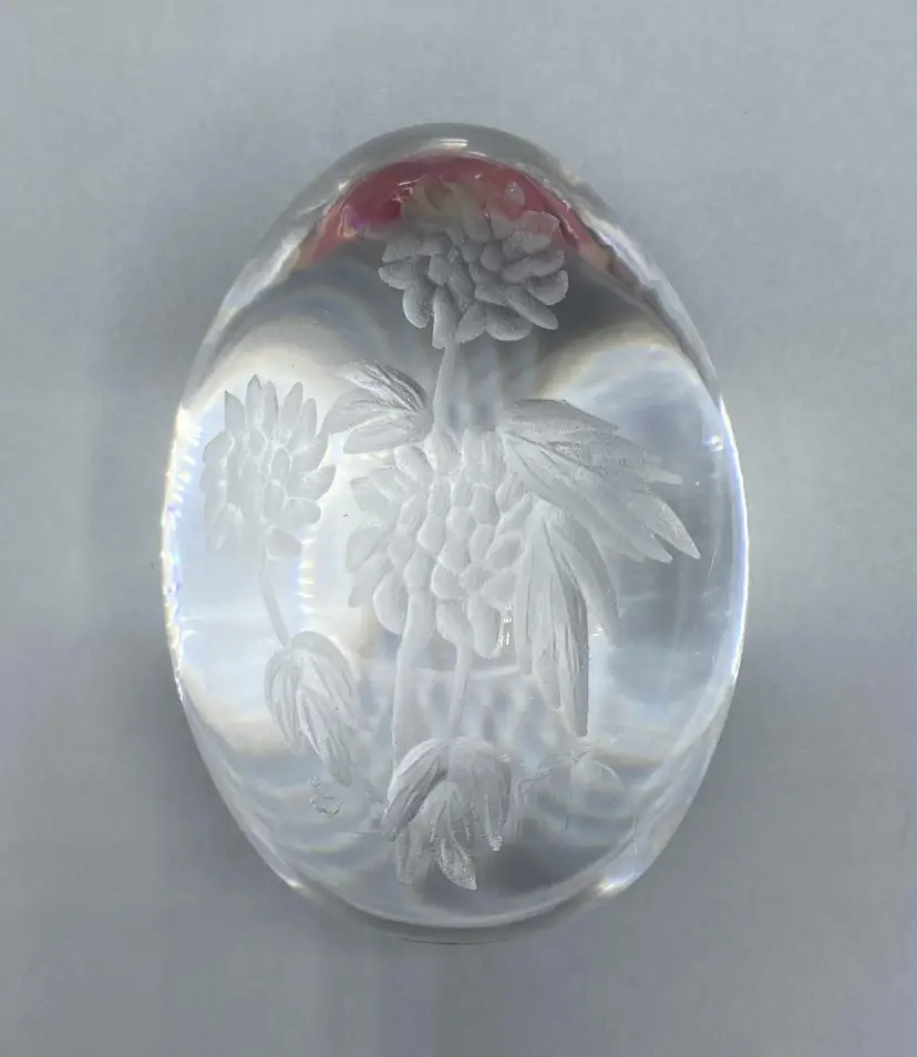 Ekenas Sweden Lead Crystal Floral Etched Paperweight Egg (with clear plastic stand)