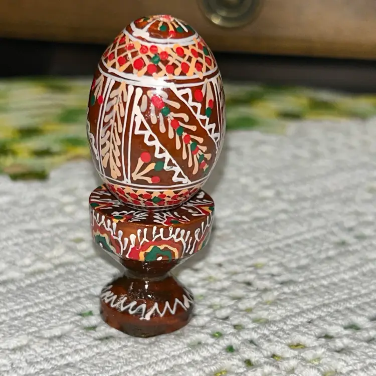Ukrainian (Pysanka) Style Wooden Easter Egg and Stand...Hand Painted -Unmarked