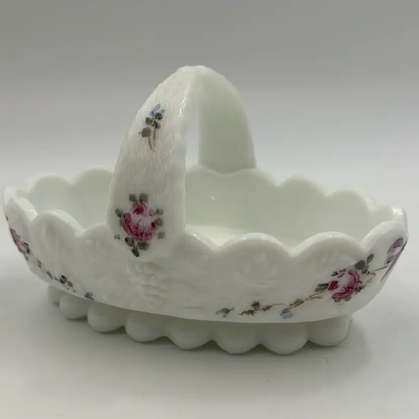 Beautiful Westmorland Split Handle White Hand Painted Flowers And Bows.Embossed Grapes Design Basket