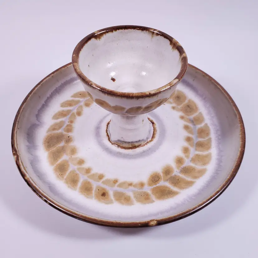 Vintage Signed PEELER Studio Pottery Stoneware Snak 'N' Dip PLATTER SET