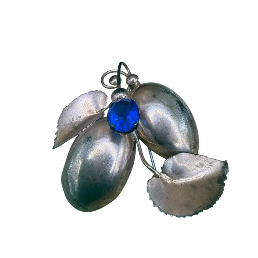 Vintage Sterling Silver Flower Brooch, Blue Glass Stone, 1940s Floral Pin