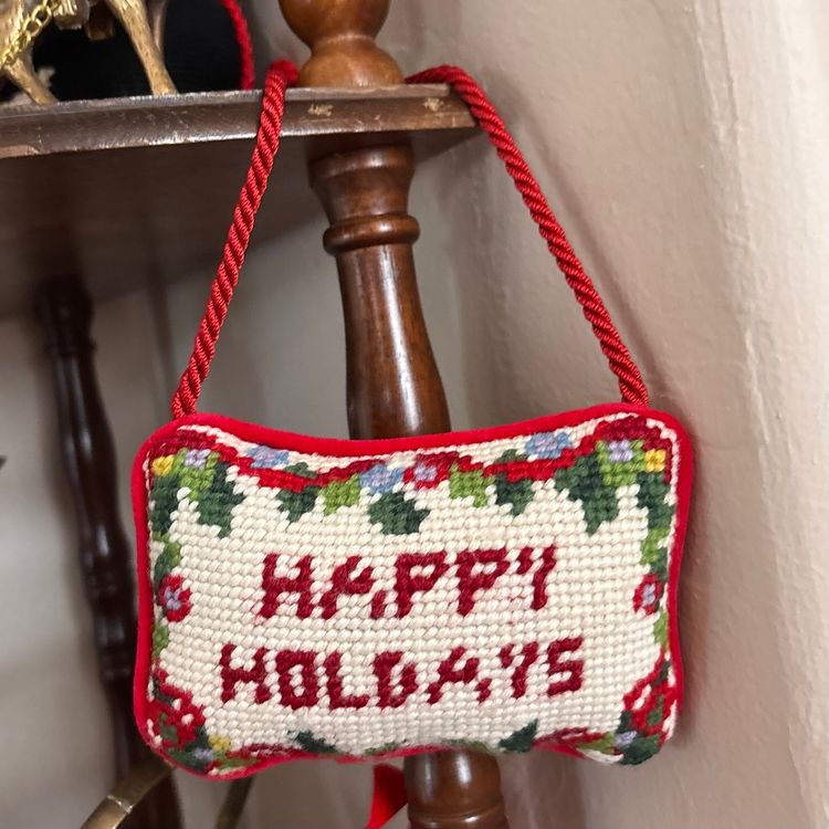 Vintage Needlepoint Christmas Hanging Mini Pillow