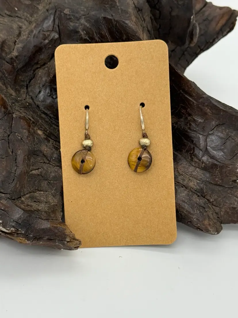 Vtg. Handmade Brown & Gold Tone Nugget Button Shape Tiger Eye Gemstone Earrings