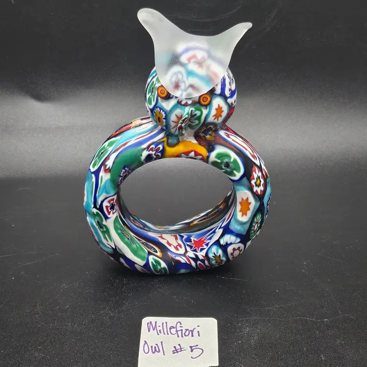#5 HTF Vintage KB Italy Murano Venetian Art Glass Satin Millefiori Cut Cane Owl Napkin Ring RARE!