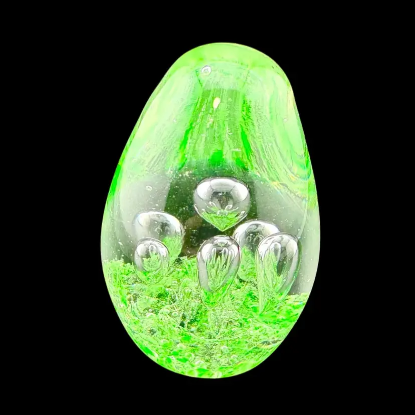 Vintage Green & Clear Egg Shaped Paperweight With Controlled Bubbles 4” Tall x 2.25” Wide