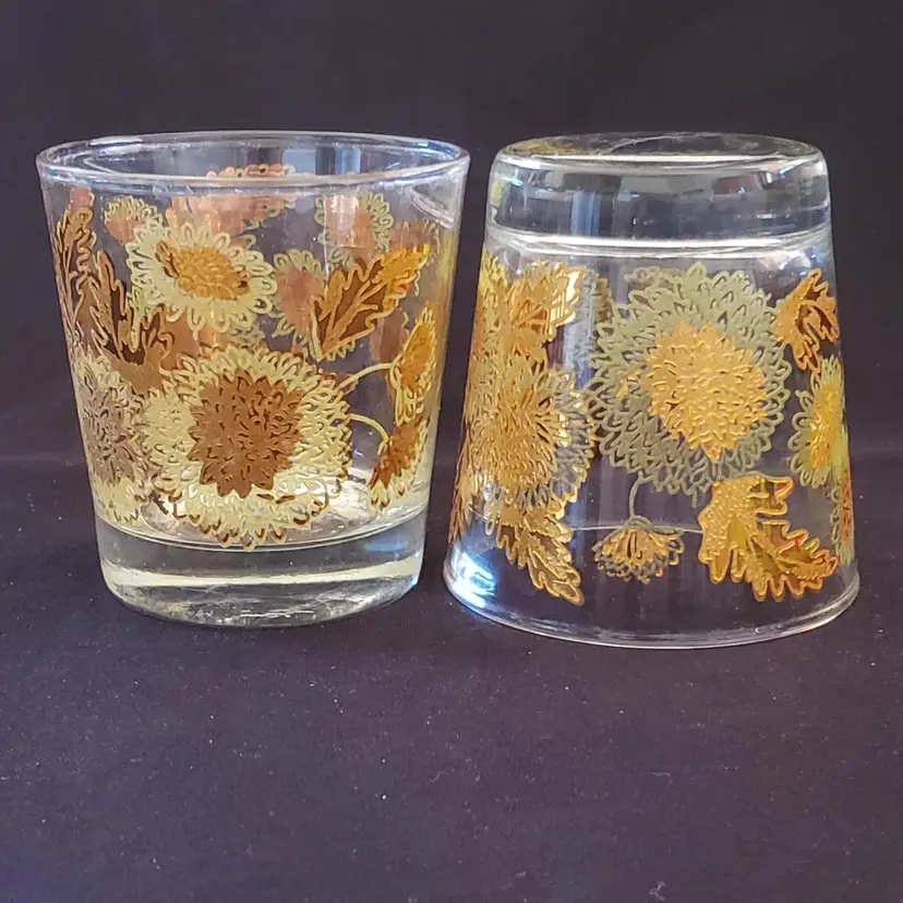 Bartlett Collins Chrysanthemum Juice Glasses Gold Mum Floral 1960 Vintage 3¼" Tall set of 2
