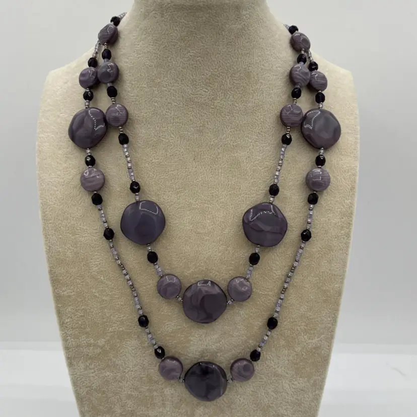 #J10 - Clasp Tested Silver Double Strand Necklace Medallion Purple Glass Beads