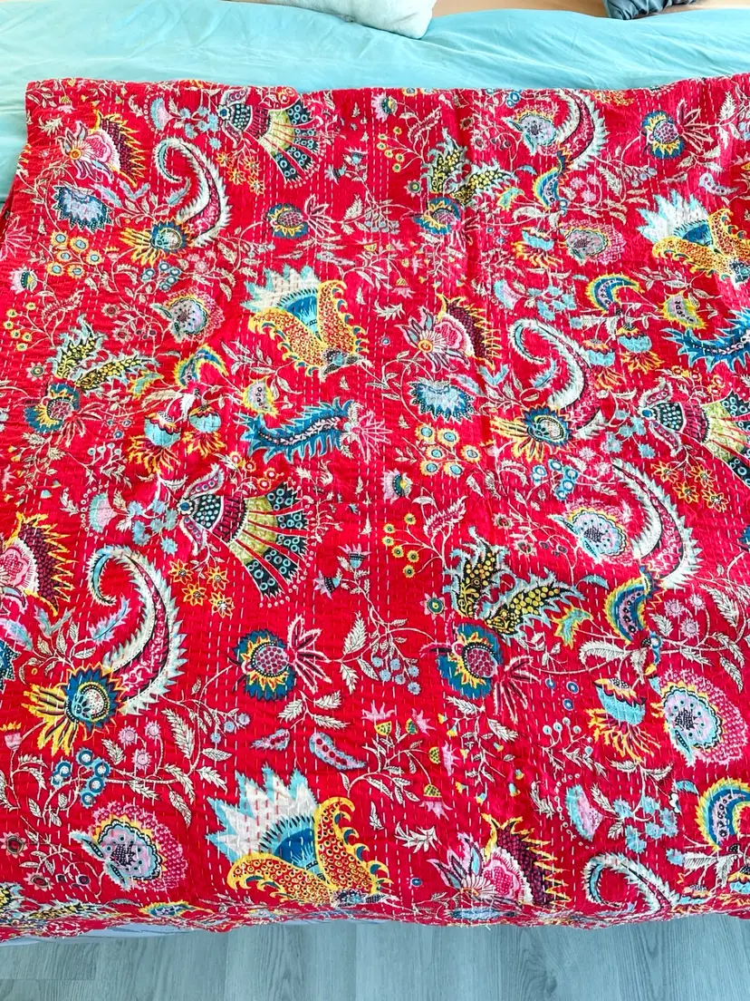 King Sized Kantha India Quilt Blanket Red 108"x108"