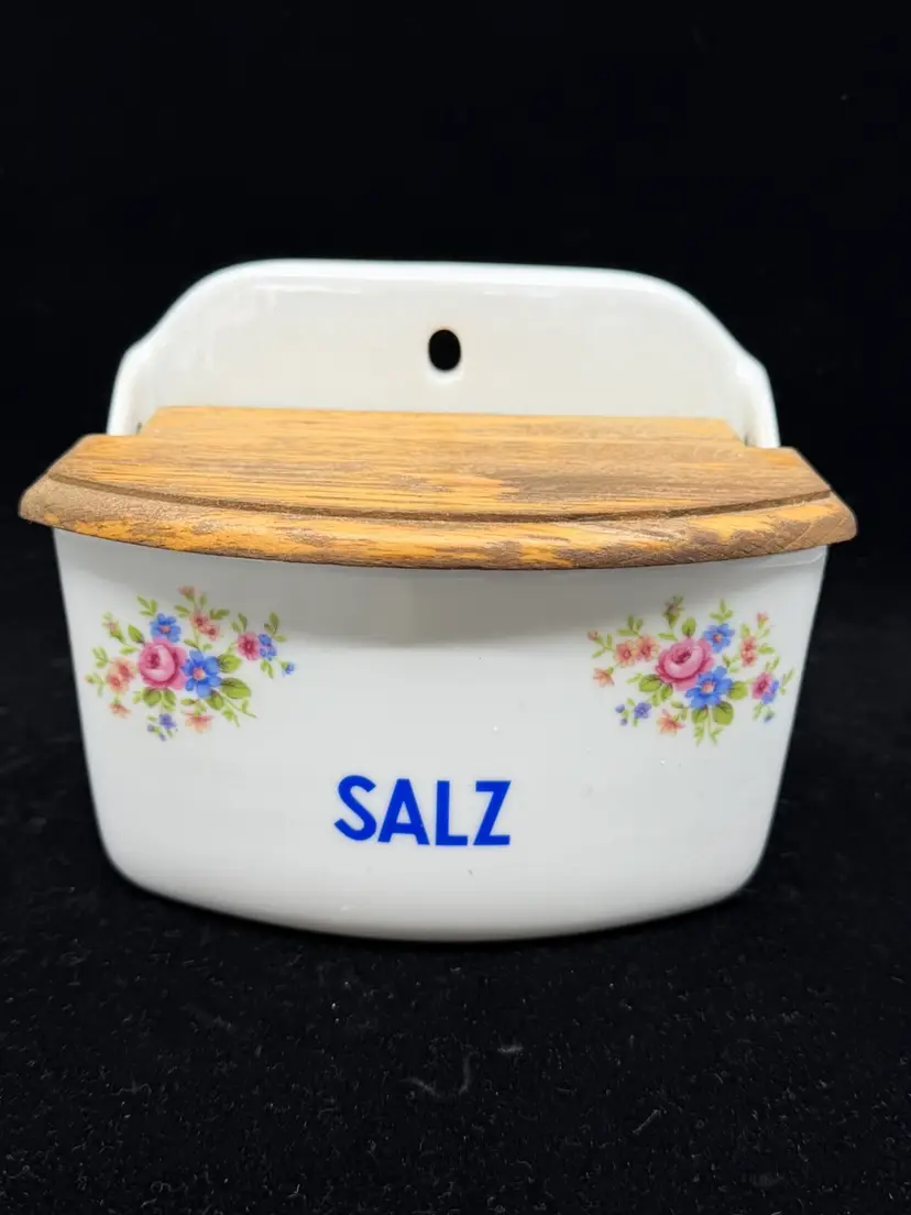 Vintage German Wall Mount Ceramic Container W Wood Lid Florals “Salz”