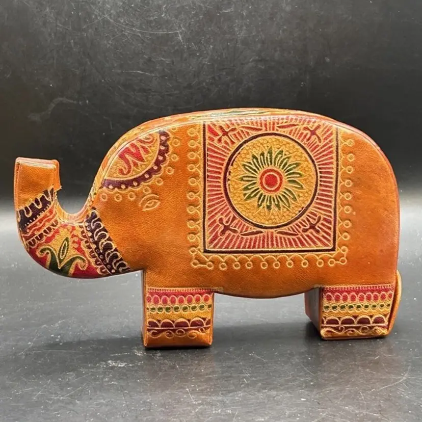 Vintage Hand Made Painted Real Leather Elephant Money Box