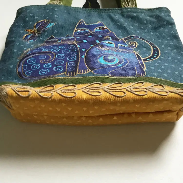 Laurel Burch Cat Blue Green & Yellow Small Mini Handbag Tote Bag & Charm