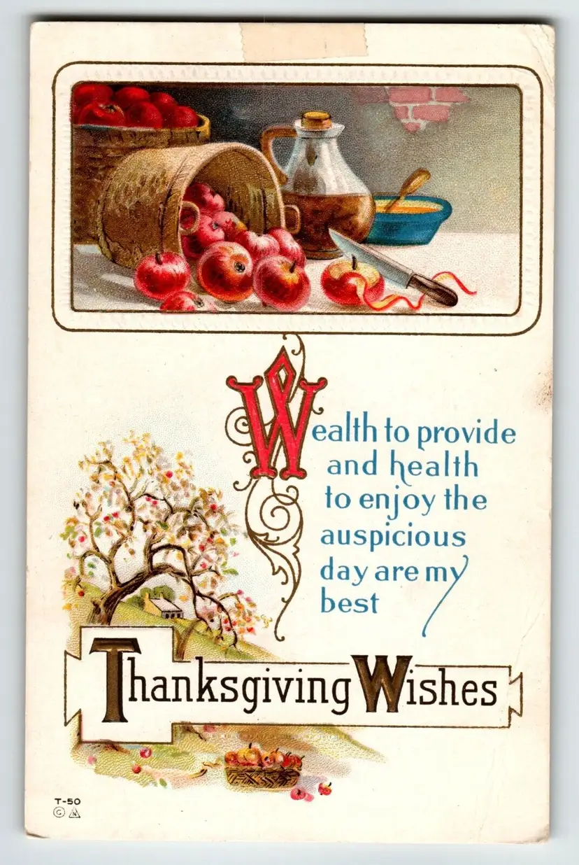 Postcard Thanksgiving Wishes Apple Basket Cider Tree Nash Embossed Series T-50