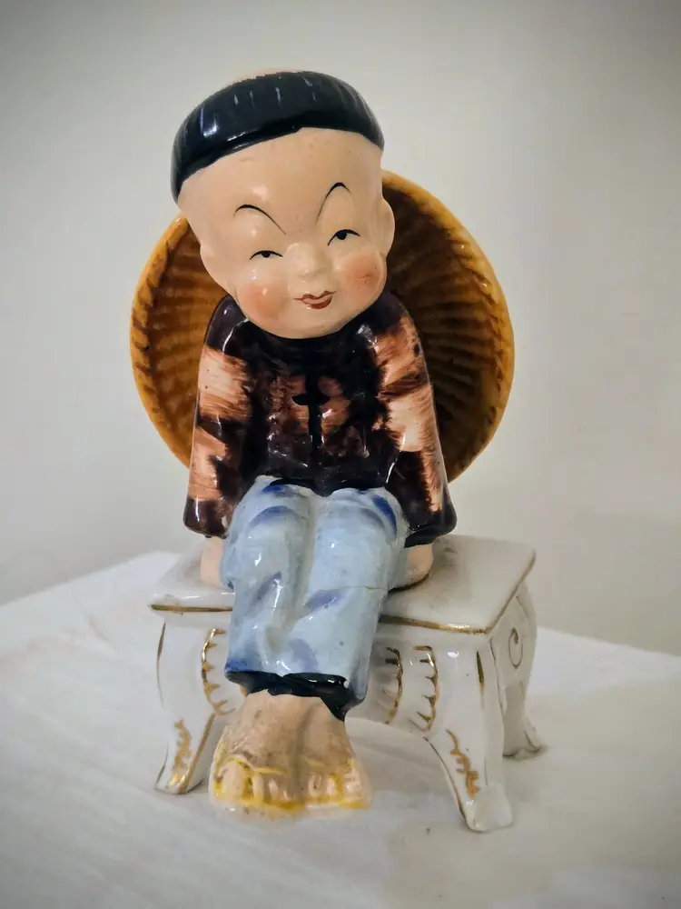 RARE Vintage Porcelain Figurine Made in Occupied Japan - Asian boy on a bench