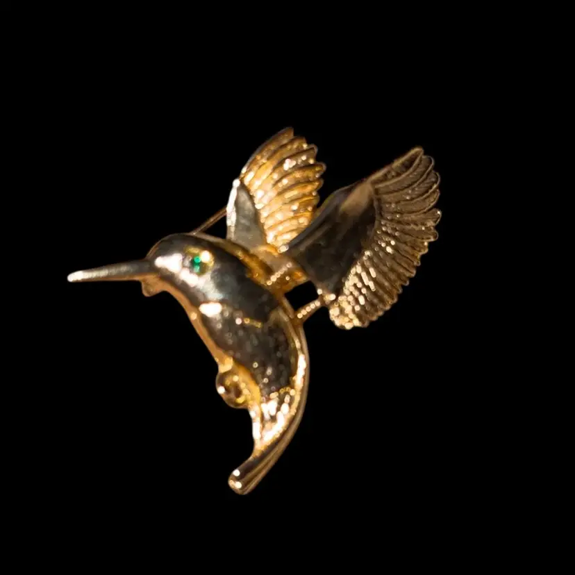 Vintage Hummingbird Trembler Brooch Green Rhinestone Eye Figural Pin Gold Tone