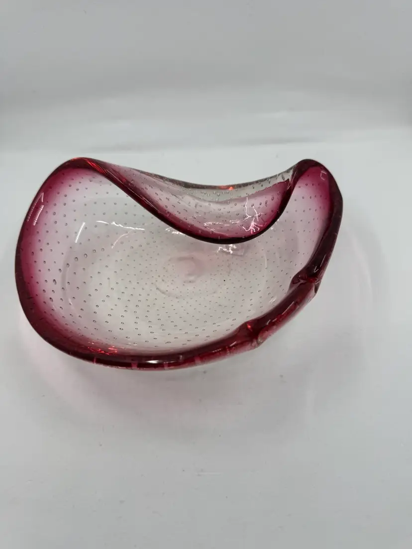 Folded Controlled Bubble Bowl With Dark Cranberry Rim, 6.75” Wide