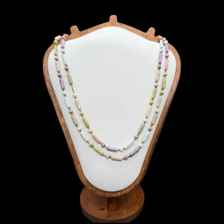 Czech Glass Hand Knotted Speckled Pastel Picasso Bead Necklace Vintage 48” As Is