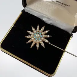 Faux Pearl And Blue Rhinestone Star Stick Pin, Vintage Victorian Style Star Stick Pin