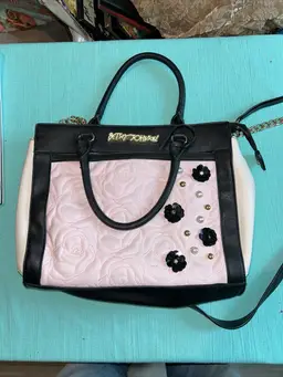 Betsy Johnson Purse / Handbag - Pink & Black Flowery In/outside W/ Black Flowers