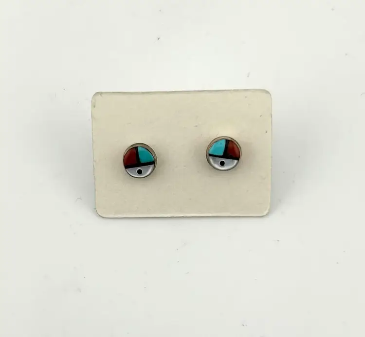Vintage Sterling Silver Zuni Turquoise, Coral, and MOP Pierced Earrings .25”