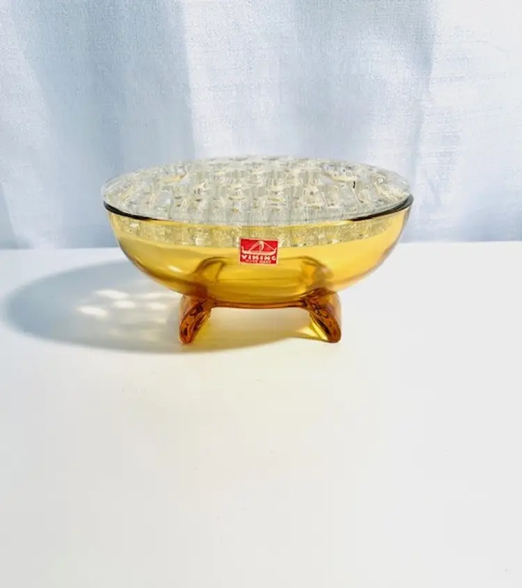 Vintage Viking "Flowerlite" Flower Frog Candle Holder Oval Shaped Golden Amber 3" tall x 4 1/2" wide x 6 1/2" long