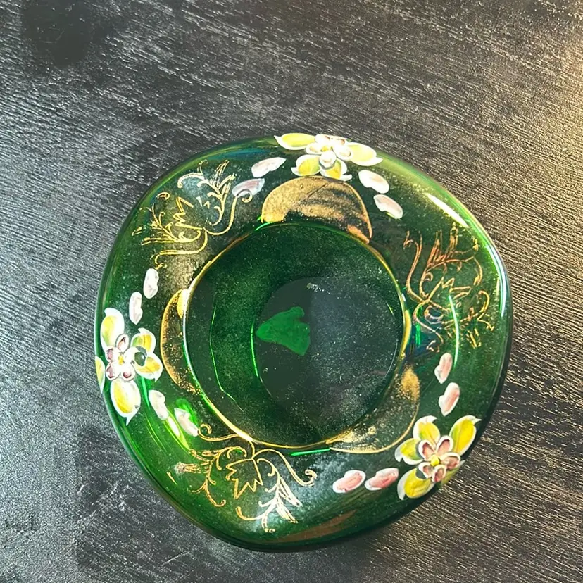 Bohemian green art glass, hand blown, hand painted trinket dish