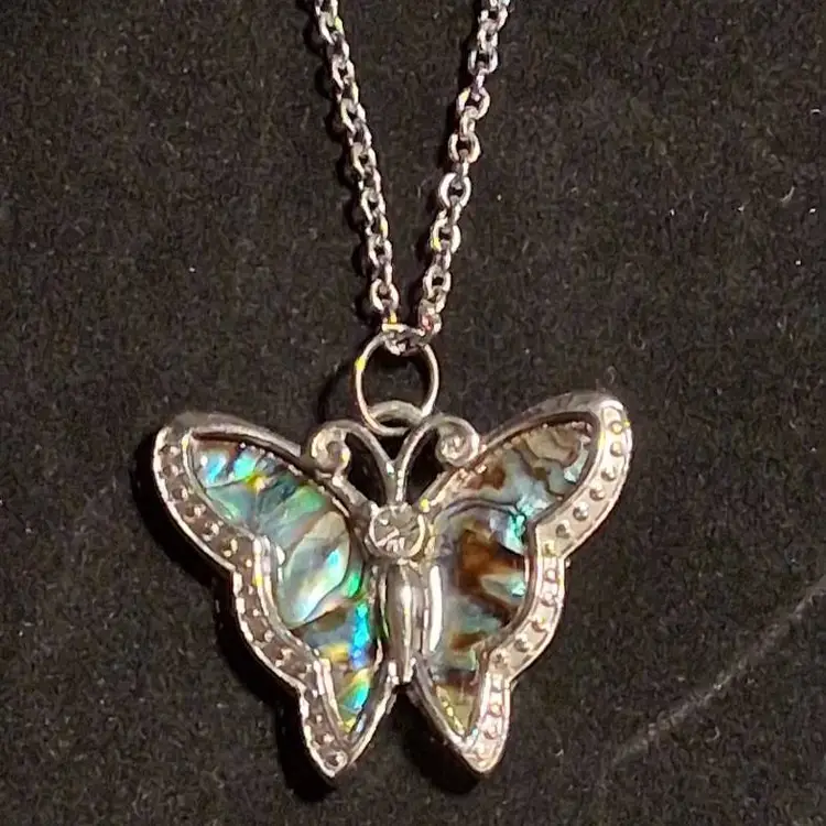 Silver-Toned Abalone Butterfly Necklace
