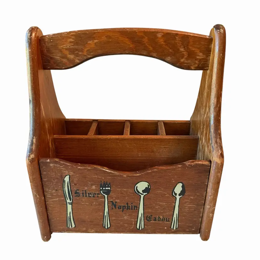 Vintage  Wood Napkin holder utensils Caddy Mid century