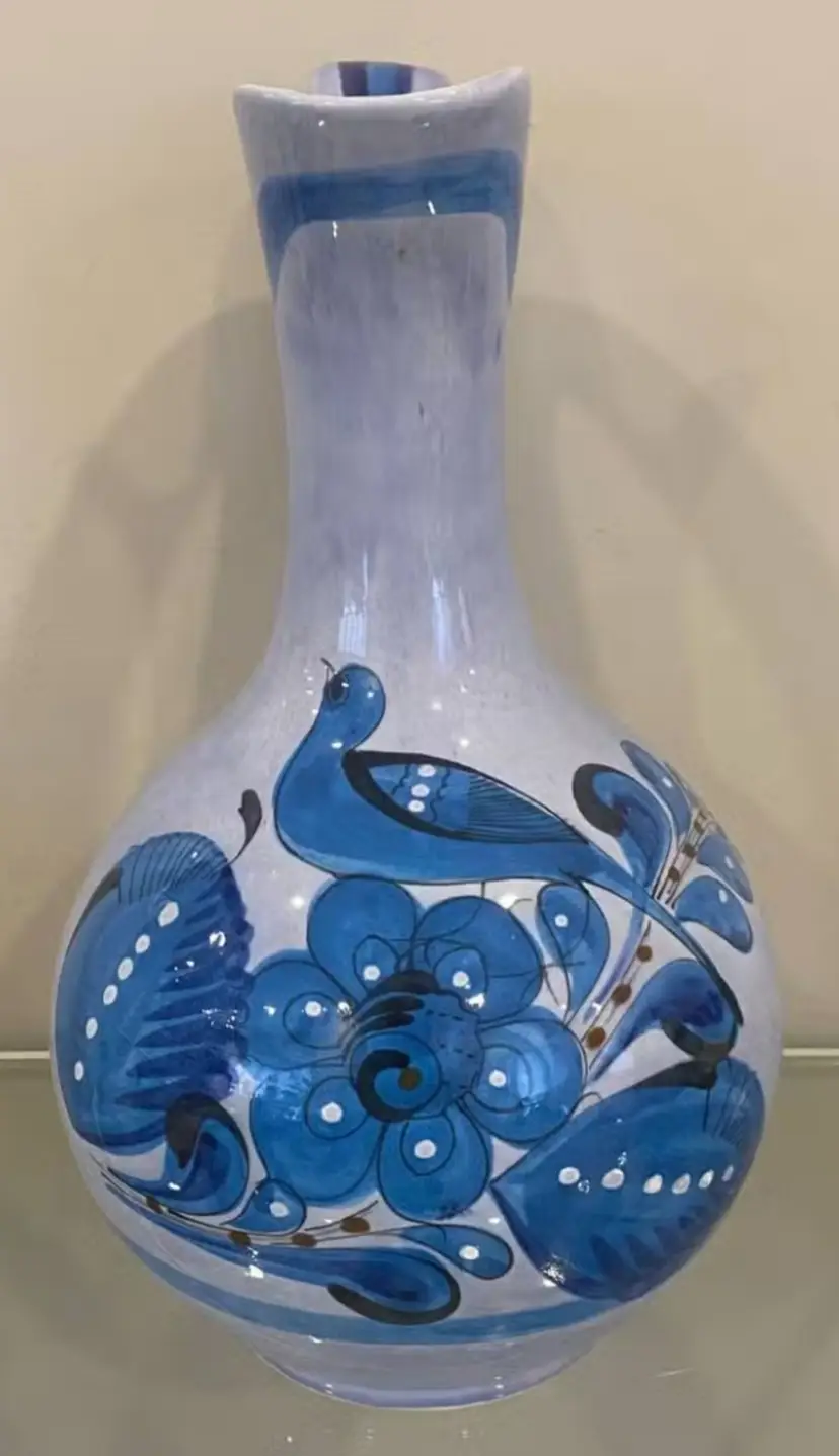 Vintage Hand-painted Tonala Pottery Pitcher from Mexico Featuring a Blue Bird and Butterfly Motif.