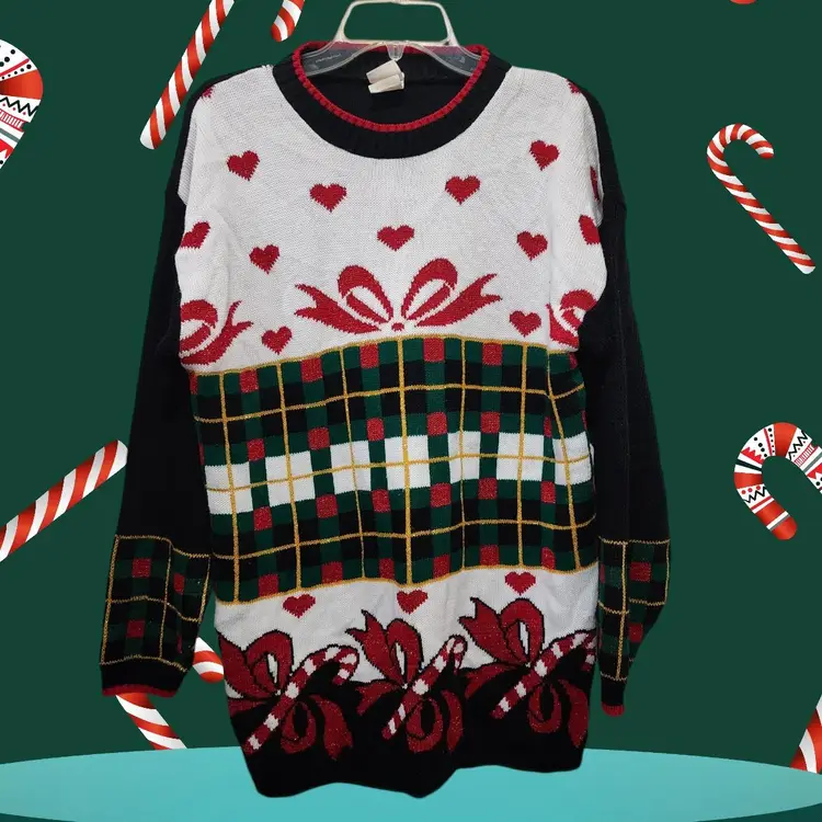 Vtg Holiday Time Christmas Sweater Sz M Black Red Candy Canes Plaid