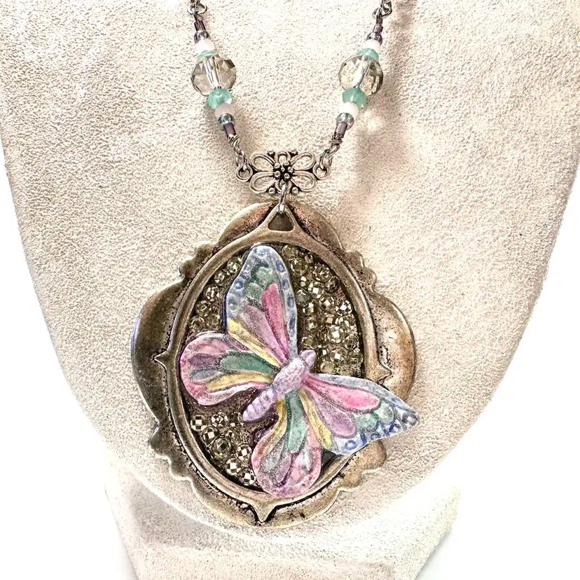 Jewelry Set Butterfly Necklace Earrings Set Bead Accents Silver Tone Air Dry Clay Handmade 24”L