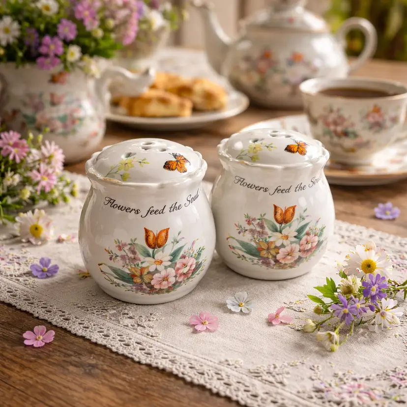 Vintage Floral Ceramic Salt & Pepper Shakers "Flowers Feed The Soul". 3" Tall