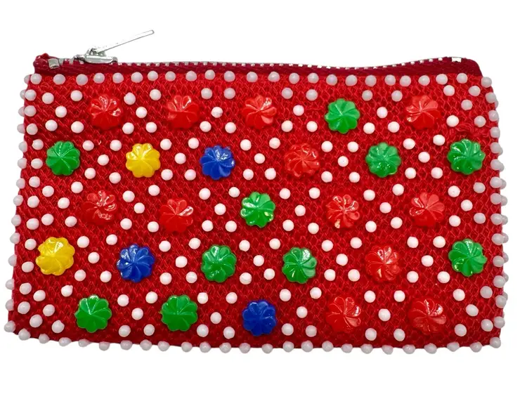 Vintage 1970s Confetti Candy Dot Rainbow Beaded Zipper Coin Purse Hong Kong 4”