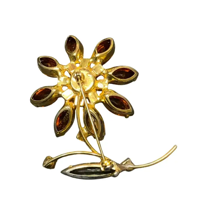 Vintage Flower Brooch With Honey Colored Rhinestones