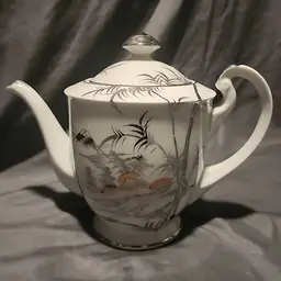 Vintage Kutani Japan Handpainted White Porcelain Silver Trim Bamboo Deco Teapot