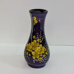 Vintage Vietnam Wooden Lacquer Vase Purple with Hand Painted Yellow Flowers 6"