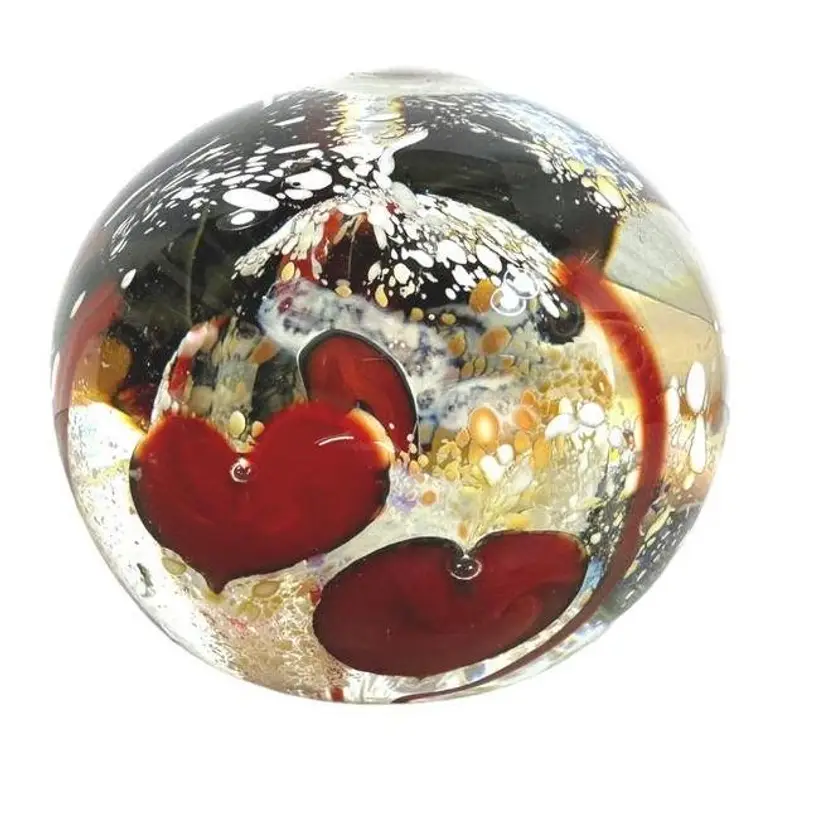 Vintage Signed Bittersweet by Jodi 1989 Paperweight with red Hearts and White Speckles Orb Within a Orb.
No chips or cracks.