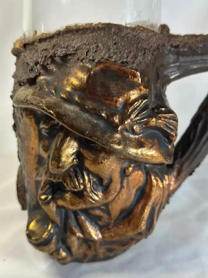 Vtg. German Beer Mug Glass Carved Resin Face Pipe Smoking Figure Never Use VGC!