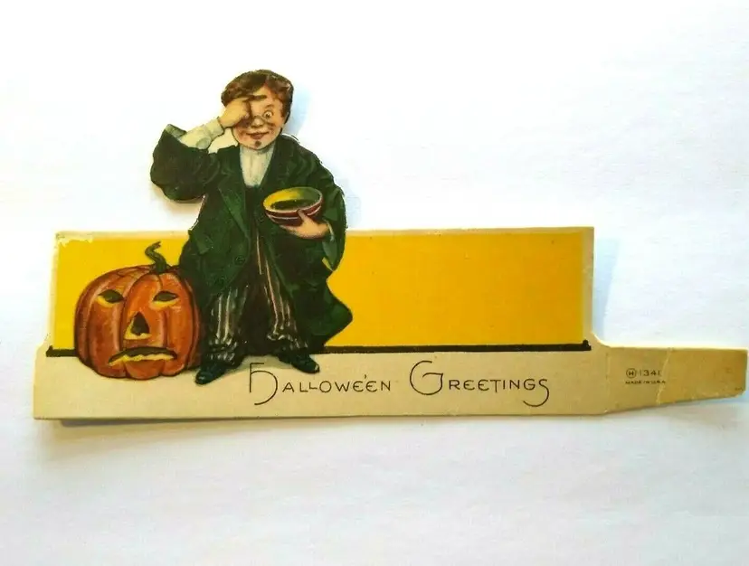 Halloween Diecut Place Card Wizard Boy Magic Bowl JOL Nash Series 1341 Vintage