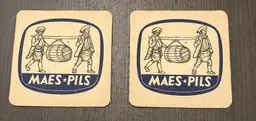 Maes Pils VTG Beer Drink Coaster Men Carrying Barrell Image Belgium Lot of 2