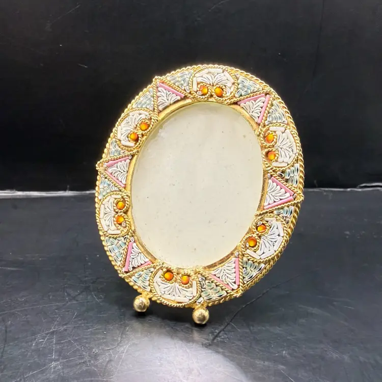 Italian Micro Mosaic Pink & Blue Gold Tone Mini Picture Frame 2.75”