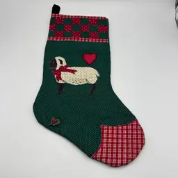 Vintage Christmas Stocking Quilted Patchwork White Sheep Heart Applique