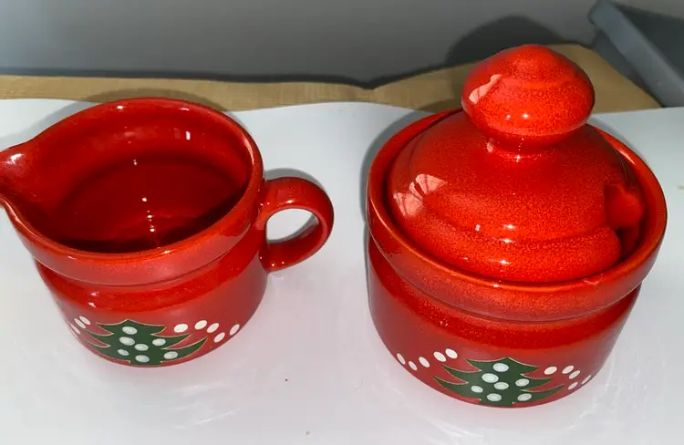Waechtersbach Red Christmas Tree Creamer Sugar Bowl w/ Lid West Germany Vintage