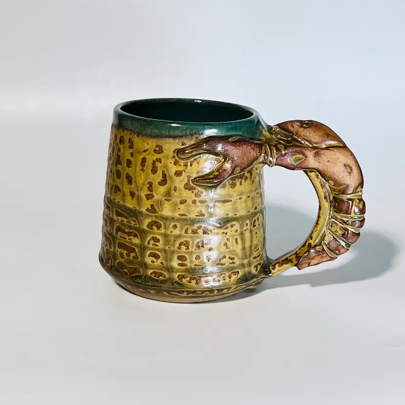 Pottery Mug Crawfish Handcrafted Stoneware by Wortman Pottery Duson, Louisiana Green Interior Signed
