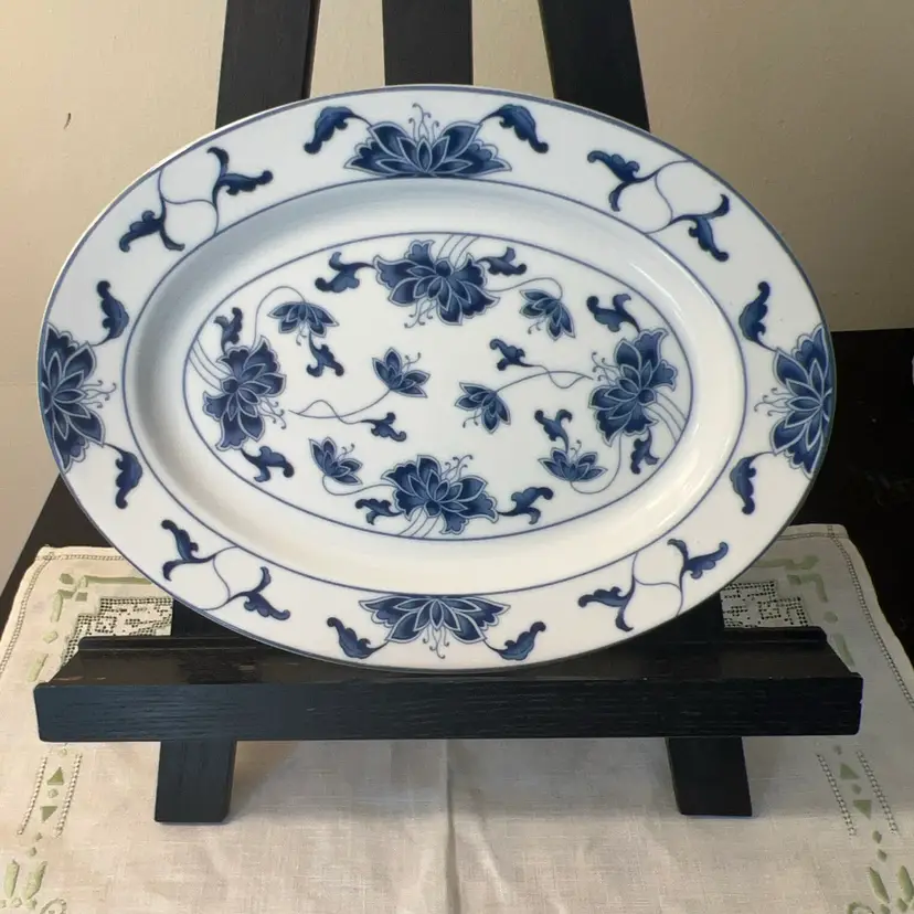 Vintage Taiwan Ratung Durable China Small Serving Platter Blue Bands, Leaves & Plumes Edge And Center Approx 10” x 8”