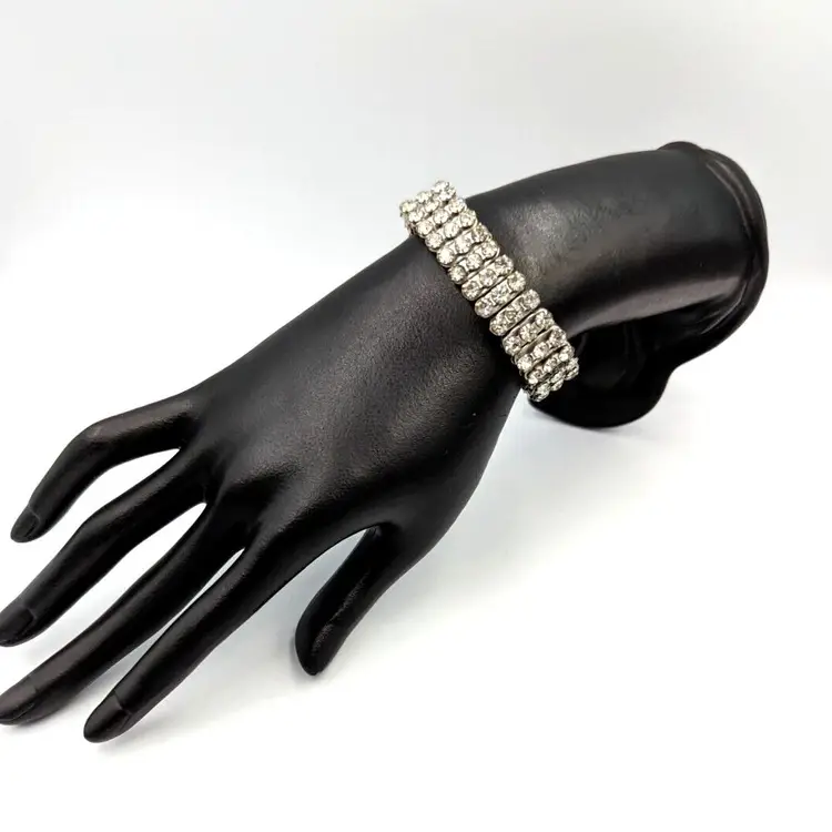 Three-Row Rhinestone Stretch Bracelet Vintage Silver Tone British Hong Kong