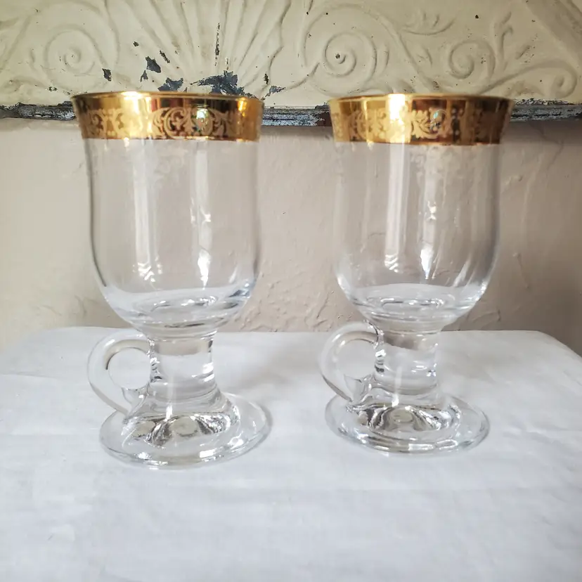 Set of 2 Cellini Irish Coffee Glasses 24k Gold Trim Barware Italy