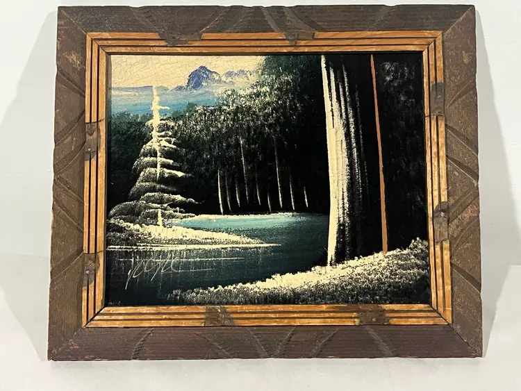 Vintage Mexican Velvet Painting FRAMED Winter Woods Scenery River Outdoorsman