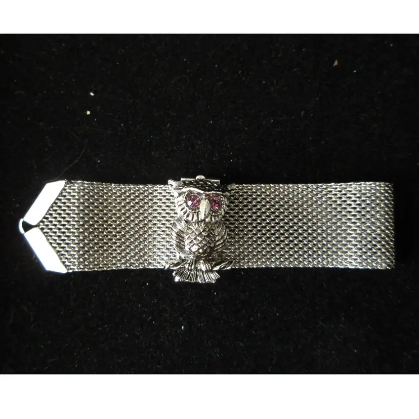 Vintage Sarah Coventry "Nocturne" Silver Tone Metal Mesh Metal with Purple Crystal Eye Owl Bracelet - Signed 1972, 7.5 Inches Long