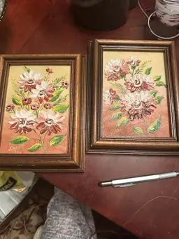 Hand Painted Signed Floral Art 9 x7. Pair